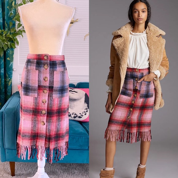 Anthropologie Dresses & Skirts - Anthropologie | Maeve Fringed Midi Skirt Plaid Pink Buttondown Christmas New 6